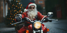 Santa Claus Riding A Motorcycle On Christmas Eve