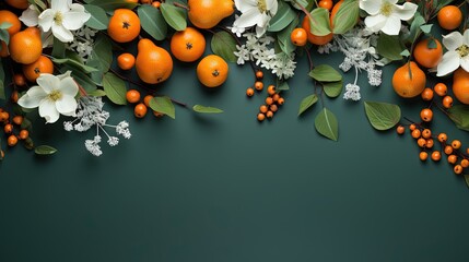   a bunch of oranges and white flowers on a green background.  generative ai