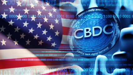 CBDC coin with US flag. Digital central bank volute. CBDC from America. Blockchain of US federal reserve system. Digital currency CBDC. Official US cryptocurrency. Finance, economics. 3d image