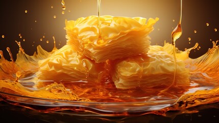 Wall Mural -  a yellow substance floating in a bowl of orange liquid on a black background.  generative ai