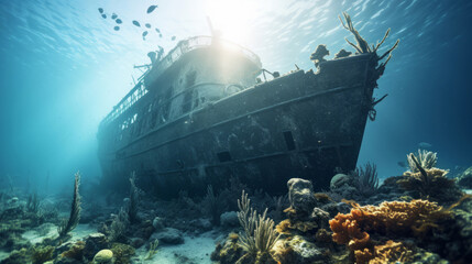 Wall Mural - Shipwreck on the ocean floor. Underwater scenery. Tropical coral reefs.