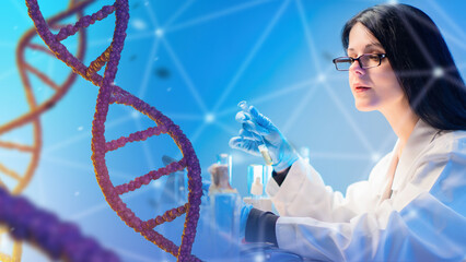 Wall Mural - Woman is geneticist. DNA chain near girl. Laboratory technician studies human genome. Geneticist sits at table with test tubes. DNA sequencing. Woman modifies genome DNA animals. Science of genetics