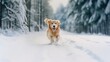 Portrait of a happy dog running in the snow in front of the camera in a park in winter. Active winter holidays background