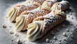 Cannoli, a classic Sicilian dessert consisting of tube-shaped shells of fried pastry dough filled with a sweet ricotta filling, dusted with powdered sugar