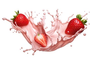 Wall Mural - milk or yogurt splash with strawberries isolated on white background