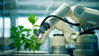 White robotic arm working in a bright laboratory with fresh green plant