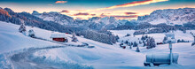 Panoramic Morning View Of Alpe Di Siusi Village. Majestic Winter Sunrise In Dolomite Alps. Superb Landscape Of Ski Resort, Ityaly, Europe. Beauty Of Nature Concept Background.
