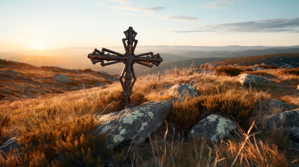 Wall Mural - Rusty metal cross in the hill landscape, religion and hope concept