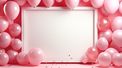 Wall Mural -  a white frame surrounded by pink balloons and confetti.  generative ai