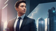A confident and financially successful businessman works in a modern building, representing success and prosperity.
