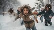 Children in snowball fight, embodying the winter vibe. They are actively playing outdoors on a snowy day. Their healthy faces lit up with joy and excitement. Beautiful and crisp winter day.