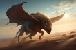 An airborne creature above a sandy wasteland, with a shining celestial body overhead and a dusty path in between. Generative AI