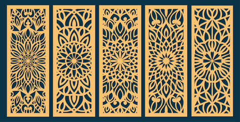 Poster - Set of laser cut templates with geometric pattern. For metal cutting, wood carving, panel decor, paper art, stencil or die for fretwork, card background design. Vctor illustration	