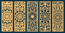 Set Of Laser Cut Templates With Geometric Pattern. For Metal Cutting, Wood Carving, Panel Decor, Paper Art, Stencil Or Die For Fretwork, Card Background Design. Vctor Illustration	