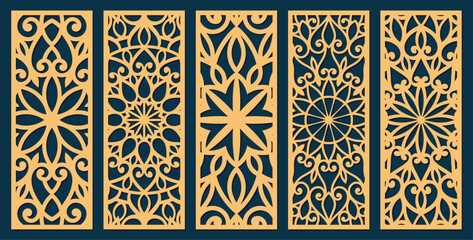 Canvas Print - Set of laser cut templates with geometric pattern. For metal cutting, wood carving, panel decor, paper art, stencil or die for fretwork, card background design. Vctor illustration	