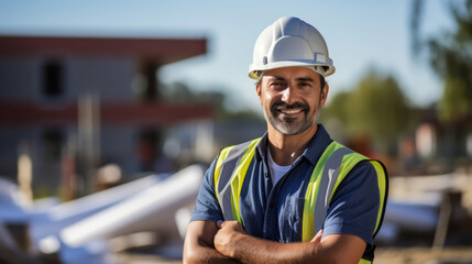 Portrait of smiling civil engineer or professional building constructor wearing safety hat