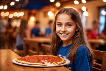 Girl eating pizza at cafe, unhealthy food, blue t-shirt. Generative Ai.