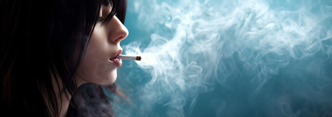 Teenager smokes cigarette. Substance abuse, addiction, people and bad habits concept close up of young man or girl smoking cigarette copy space.