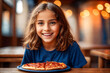 Girl eating pizza at cafe, unhealthy food, blue t-shirt. Generative Ai.