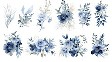 Set Of Blue And Grey Watercolor Floral Frame For Wedding Invitation 