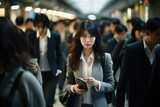 Fototapeta  - Japanese Office lady navigating in City busy urban life.