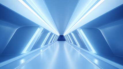 Wall Mural - corridor tunnel of space station ship, glowing futuristic panels of blue color, metal walls reflecti