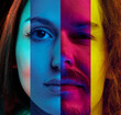 © master1305 - Collage made of different people, faces of different age and gender in neon lights. Calm confident look. Concept of human right, social equality, diversity, freedom, acceptance