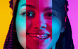 Female face made of portraits of different people. women of diverse race and age in neon light. Smiling look. Concept of human right, social equality, diversity, freedom, acceptance