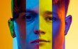 © master1305 - Male face made of portraits of different people. men of diverse race and age in neon light. Calm serious look. Concept of human right, social equality, diversity, freedom, acceptance