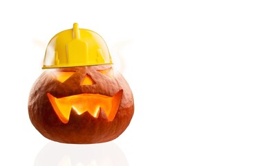 Wall Mural - Halloween, scary orange pumpkin with construction helmet