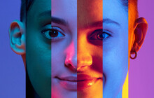Human Face Made With Different Portraits In Narrow Stripes. Different People Of Diverse Age, Gender And Nationality In Neon. Concept Of Human Right, Social Equality, Diversity, Freedom, Acceptance