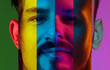 © master1305 - Male face made with different portraits placed in narrow stripes. Different men of diverse age, gender and nationality in neon. Concept of human right, social equality, diversity, freedom, acceptance