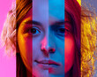 Human face made of portraits of people, of diverse age, gender and race in neon light. Narrow stripes. Concept of human right, social equality, diversity, freedom, acceptance