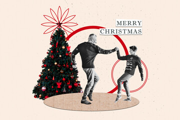 Poster - Creative poster collage of dancing mature couple tree decor christmas new year greeting card template holiday x-mas congratulation