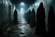 Shadowy figures captured lurking in an abandoned grimly-lit asylum hallway 