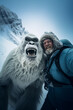 Man and yeti doing a selfie in the Himalayas