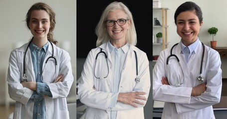 Wall Mural - Vertical collage portraits, three women, young 30s and mature 55s female doctors. Pretty younger and older medical workers, specialist in white coats smile look at camera. Profession, career, mission