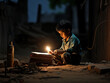 A determined child uses streetlights to study at night because of a missing power supply.