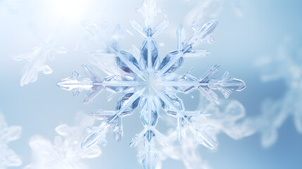 Cristal snowflakes on snow - Christmas and Winter background - Natural snowdrift close up with abstract blue lighting blurred background