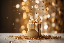 Beautiful Gold Gift Box, Golden Ribbon, Luxury Gift, Gold Lights, Bokeh, Blurry Background With Serpentine And Confetti. Space For Text.