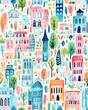 Watercolor city seamless hand drawn pattern