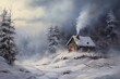 Winter cabin with chimney smoke.