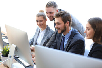 Poster - startup business team on meeting brainstorming, working on tablet and PC computers on a transparent background