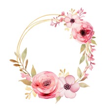 Watercolor Pink Floral Wreath With Golden Circle