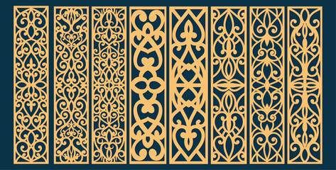 Wall Mural - Set of laser cut templates with geometric pattern. For metal cutting, wood carving, panel decor, paper art, stencil or die for fretwork, card background design. Vctor illustration