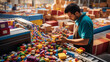 Conveyor belt perspective of a worker packing boxes with colorful toys, illustrating the vibrancy of the toy manufacturing process. 