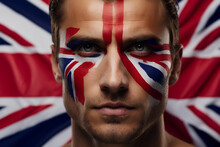 Portrait Of Man With Face Painted In The Colors Of The United Kingdom Flag. Concept Of Patriotism And Nationalism. Independence Day. Voting On Election.