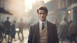 Portrait of a 19th century young British gentleman standing on the britain city street