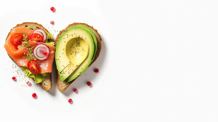 Delicious bread toasts in the shape of a heart, with fresh avocado and red salted fish, on a white background