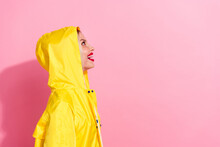 Side Photo Of Looking Up Mockup Interesting Message Testing Her Brand New Raincoat Jacket Canada Goose Isolated On Pink Color Background